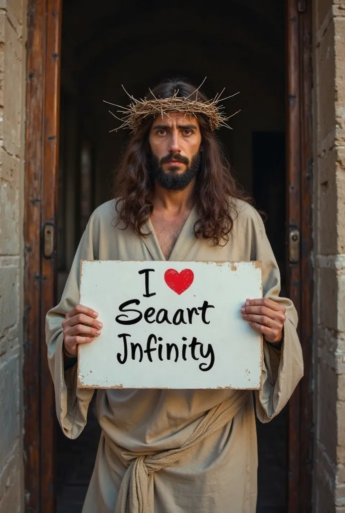 Linda garota com cabelo longo e ondulado, vestido boêmio, segurando uma placa branca com o texto "I Love Seaart Infinity" e mostrando-a ao espectador"Jesus Christ, around 30 years old, with long hair and a beard, wearing a crown of thorns. He is dressed in...