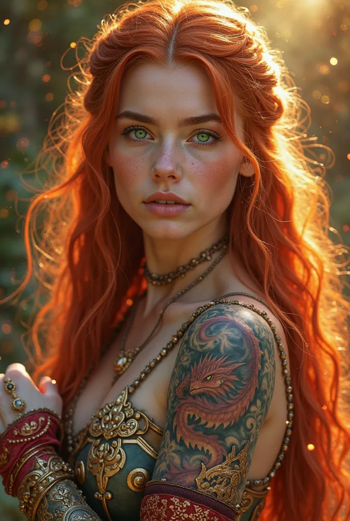 Fantastic portrait , beautiful girl with intense red hair with a tattoo of a red dragon surrounding her wrist, mythical creature, emerald-eyed red dragon , Intricate Armor, golden sparkles, otherworldly lighting, background bokeh,  detailed scales , vibran...