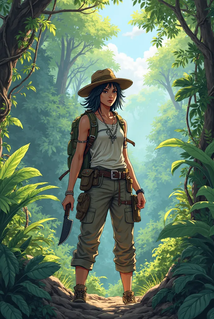 AN EXPLORER WITH A MACHETE IN HIS HAND IN FRONT OF A FOREST. anime style 