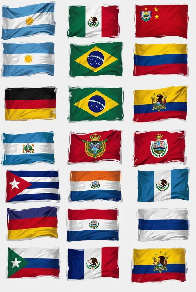 Argentina flags, Bolivia, Brazil, Chile,  Colombia , Costa Rica, Cuba, Ecuador,  El Salvador,  Guatemala , Haiti, Honduras , Mexico, Nicaragua, Panama ,  Paraguay , peru, Dominican Republic, Uruguay and Venezuela.