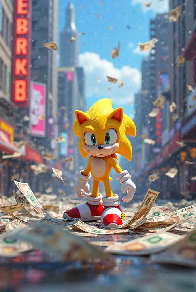 Create an animated image of the yellow Sonic on a street with a March of money on the floor.