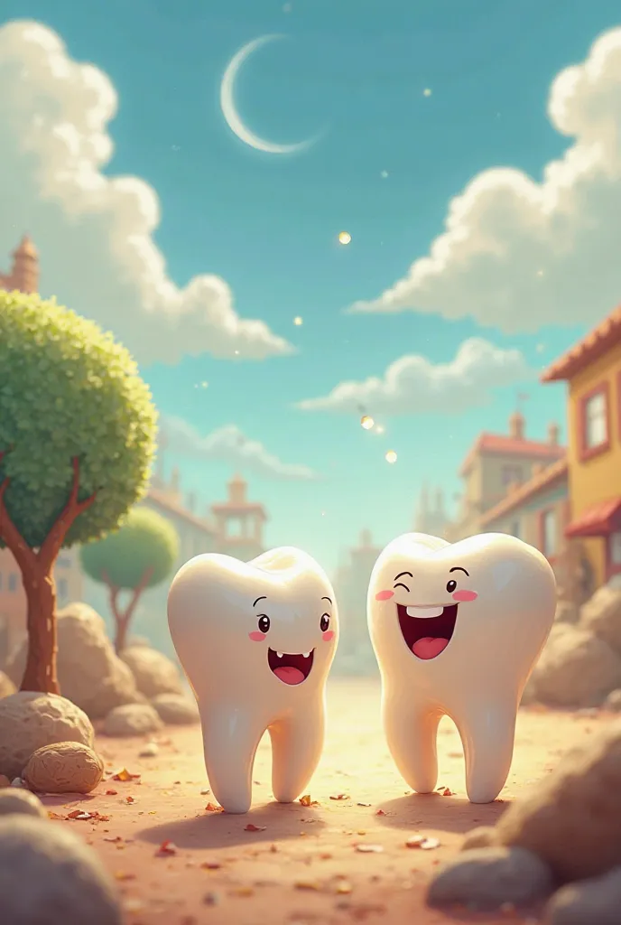 In a small town called ", the city of bright teeth". These teeth lived happy and bright. . These teeth loved to play and laugh, but they also cared about their health. they had a wise friend named "The big tooth"، وهو طبيب أسنان متقاعد، كان The big tooth ي...