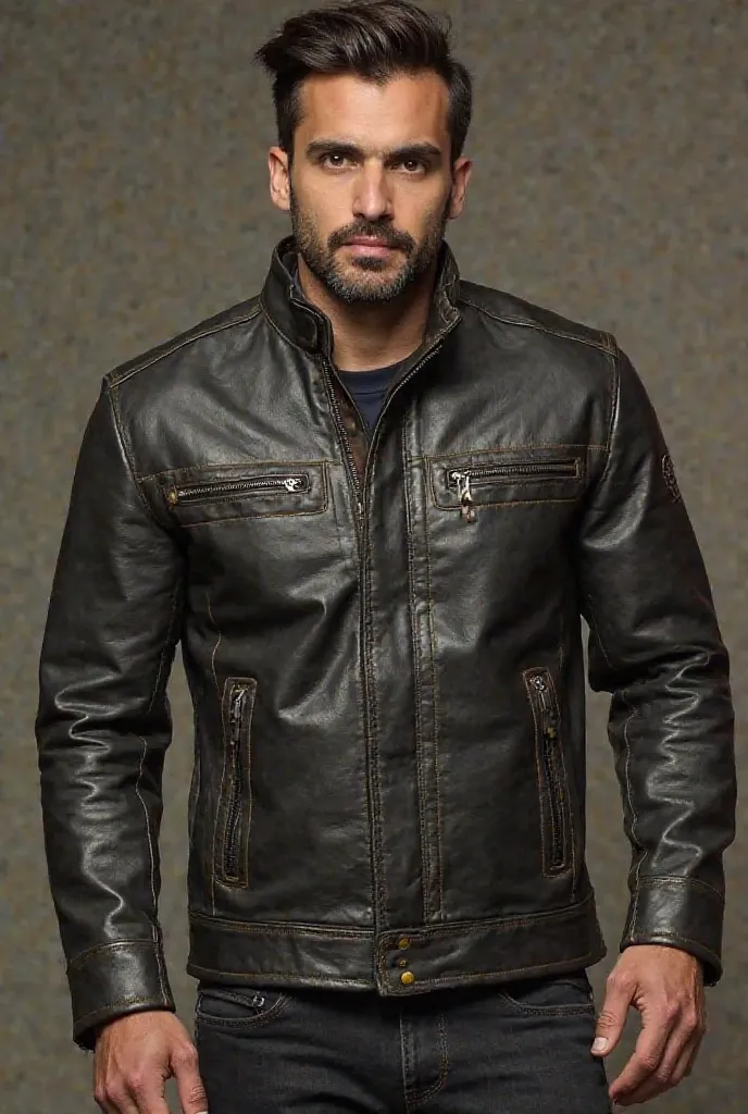 Material: Soft, high-quality leather with a slightly worn-in texture to give it a more rugged, vintage look.
	•	Fit: Slim fit, but with a little more room in the chest area to keep it comfortable without losing the sleek look.
	•	Color: Keep it dark, like ...