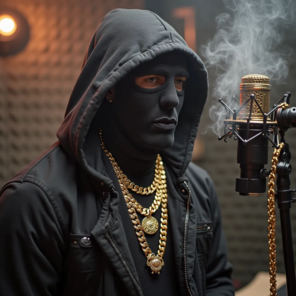 white skin Peruvian Gangster Drill Rapper with a ski mask and a hoodie with luxurious chains and clothes in the music studio with smoke and cigars and money and cash and swag recording music in the studio. Standing up recording music in the recording booth...