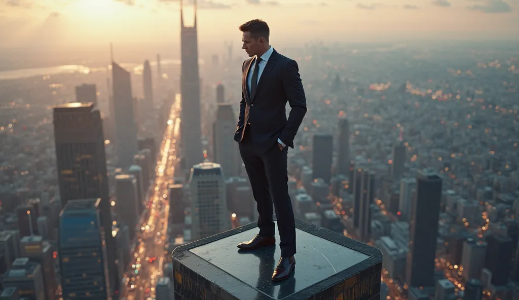 "A powerful businessman/woman in a sleek modern suit, standing at the top of a skyscraper looking down at the city, radiating confidence and success."