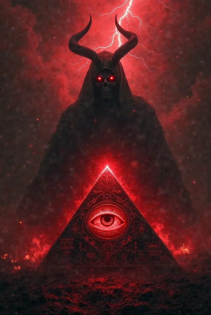 “A dark, eerie Illuminati-themed image featuring a glowing red all-seeing eye within a pyramid, surrounded by satanic symbols. A shadowy, demonic figure with sharp horns and glowing eyes looms in the background, shrouded in smoke and fire. The atmosphere i...