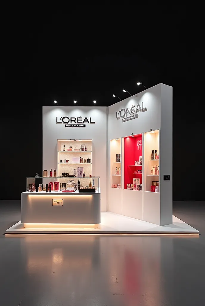 Generate an image of an exhibition stand 2 meters high by 2 meters deep, With a counter in front , a wall in the back with a Loreal brand display area