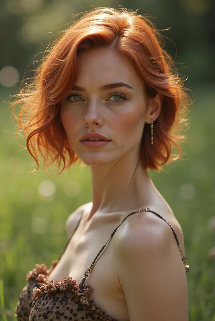 Create a realistic image of a 25-year-old woman, with short, fiery red hair, With the sculptural body of Academia, posing confidently in a natural environment, highlighting her physical beauty without any explicit or sexual connotations, focusing on captur...