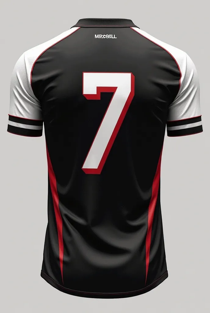 Description of the Back of the Shirt:
Cor Base: Black.
• Number: just below the collar, the number “7” (or another number, If you prefer) is displayed on a large scale. The number is white with a red border to stand out even more.
 • Details : The sleeves ...