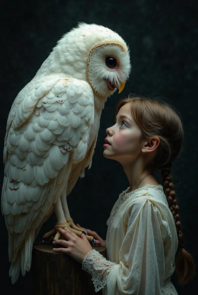 Owl and girl. black background 