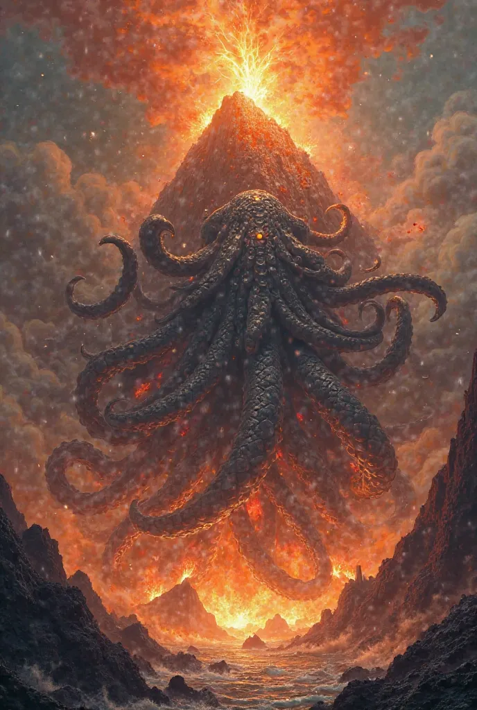 Draw the kraken coming out of a volcano with fire