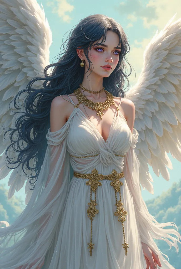 Jezebeth, The Lady of the Plagues, is a vision of pure grace and heavenly authority. Her skin is pearly white, Your delicate features, and her lilac eyes radiate a mysterious glow. Your wings, immaculately white with golden reflections, are imposing and em...