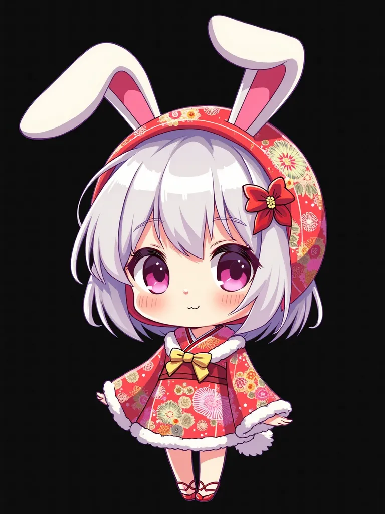 black background、white hair、List、Sakuramochi hairpin、rabbit costume、Japanese pattern、pretty girl、chibi character style pop illustration