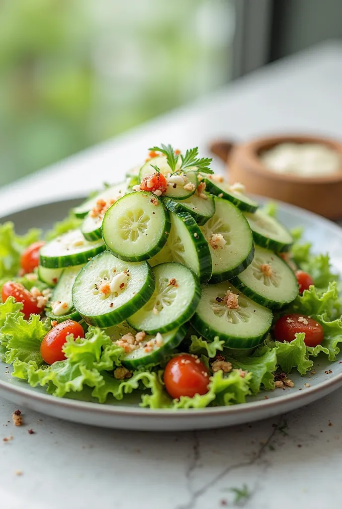 Picture of cucumber salad with lettuce, various sauces, very tasty