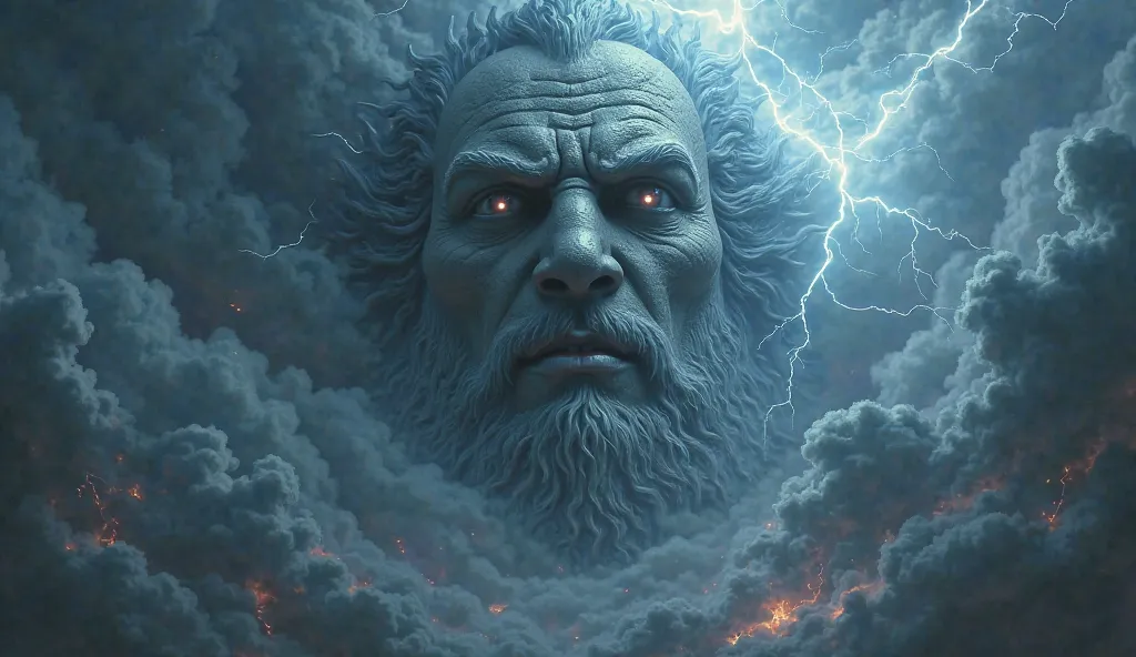 A colossal heavenly face in the sky, with eyes burning with fury,  while lightning illuminates the scene .