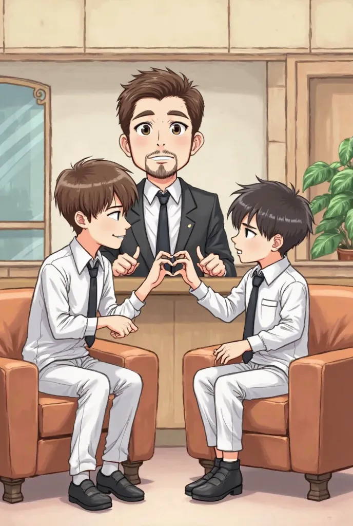 Design of a TV show. In this drawing there is a presenter's desk, Behind the counter is the presenter, he is sitting, ele has brown hair. Brown eyes and goatee and beard, he's wearing a white shirt, a black tie and is wearing a black suit.  On the side of ...