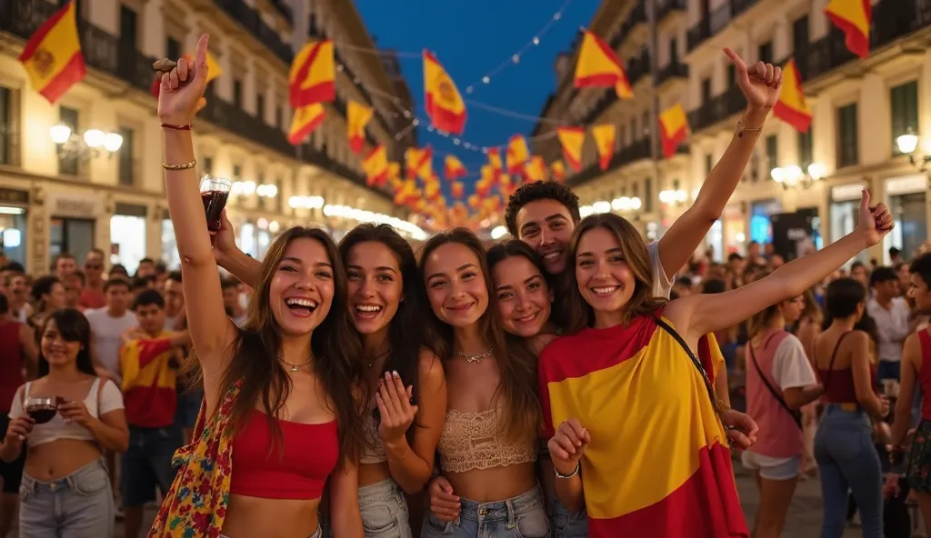 A group of young people, cheerful and smiling, dressed in spanish outfits, celebrating in a lively square. They are facing the camera, some raising their arms, others holding drinks or hugging each other. In the background, the square is decorated with num...