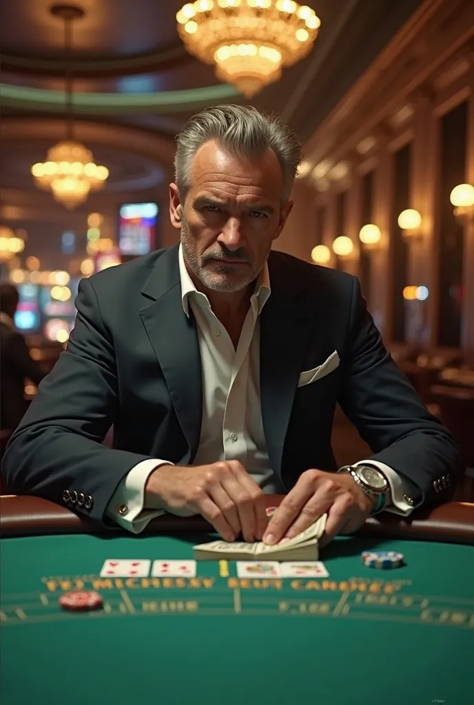 Man with money in his hand sitting at a black jack table in a casino 