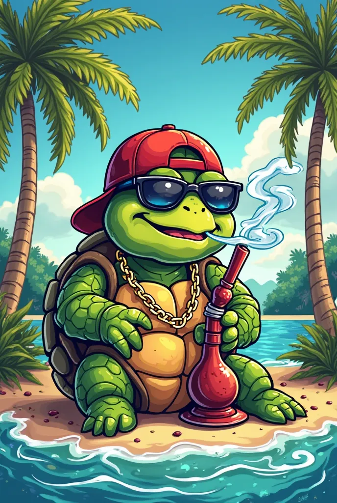 Create a cartoon style image of a hip hop turtle smoking hookah on an island 