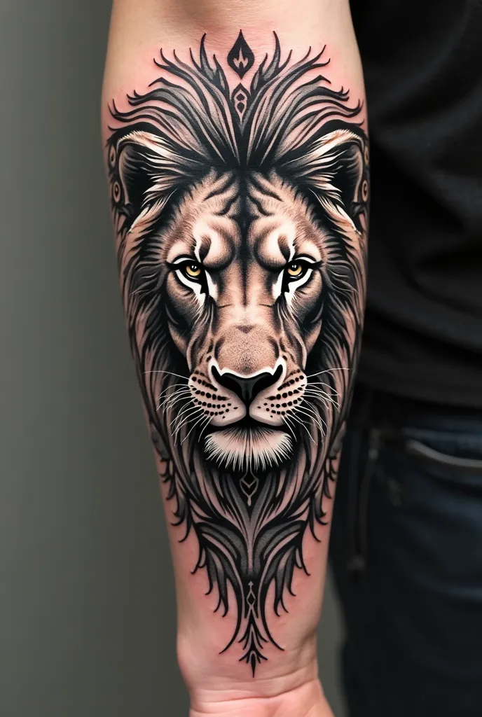 A lion tattoo cintemani for a forearm with a unique style and a place in ancient Turkish art and mythology should be symmetrically placed on the lion's mane and bear traces of marbling art 