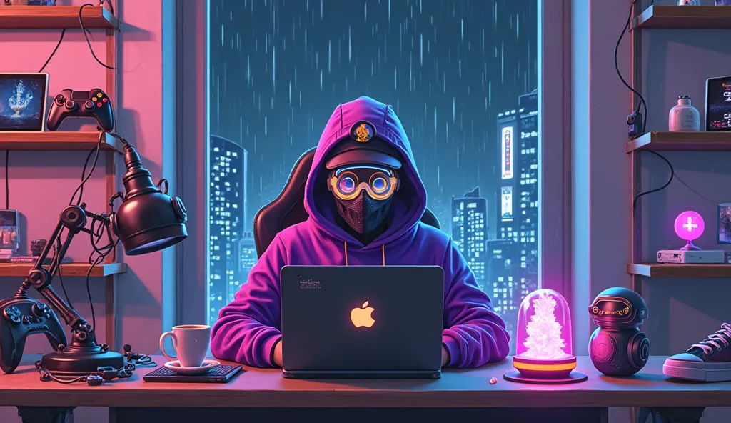 1.Gamer Character
.Wearing a purple hoodie
.a mask and futuristic visor glasses
.Wearing a cap with a circular symbol.
2.Background and Environment
.The setting is a high-tech gaming or streaming room
.A window in the background shows a cyberpunk-style cit...