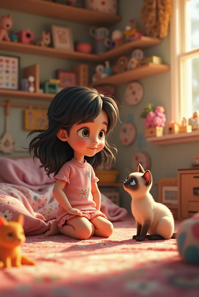 Show Ana Julia a  girl with wavy black hair and cloud-white fur, Nebula, her cream and brown Siamese cat, reading in his room full of toys 3D disney pixar style