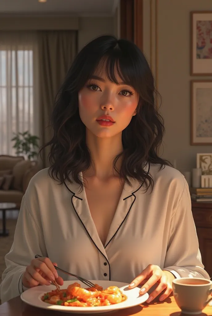 8k Ultra realistic woman, medium black hair with ultra-realistic bangs, pajamas eating shrimp in their modern mansion, ultra realistic light brown skin 