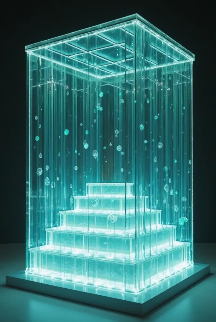 Create an impressive podium in the form of a cube, decorated in the style of Tiffany. The cube should be made of transparent glass and decorated with turquoise elements typical of the Tiffany brand. Lighting should be soft and subdued, creating an atmosphe...