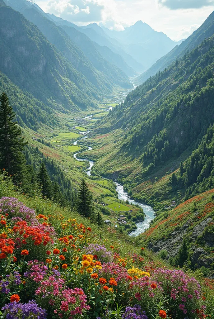 Video of a valley full of colorful flowers and a lush landscape seen from above 