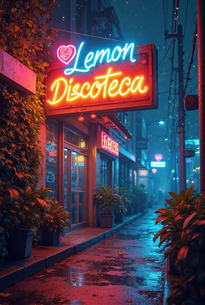 Add a flashy neon sign with the word LEMON DISCOTECA, are incorporated in the upper part of the image