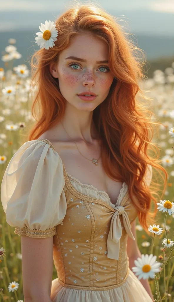 A realistic portrait of a 25-year-old woman with ginger loose hair in soft waves and a daisy in the hair, with big blue eyes, freckles on the cheeks and nose, gentle look at the viewer, open lips ,  small nose , she wears a cream colored shirt and a golden...