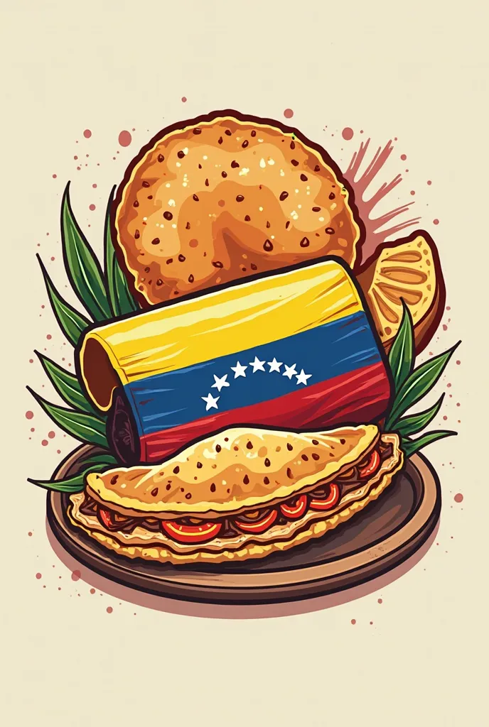 Assume the role of an expert graphic designer with Venezuelan roots, improve the image you get , is for a Venezuelan food business in the United States , in the design you have a budare , an arepa and a Venezuelan empanada, How can you improve it?