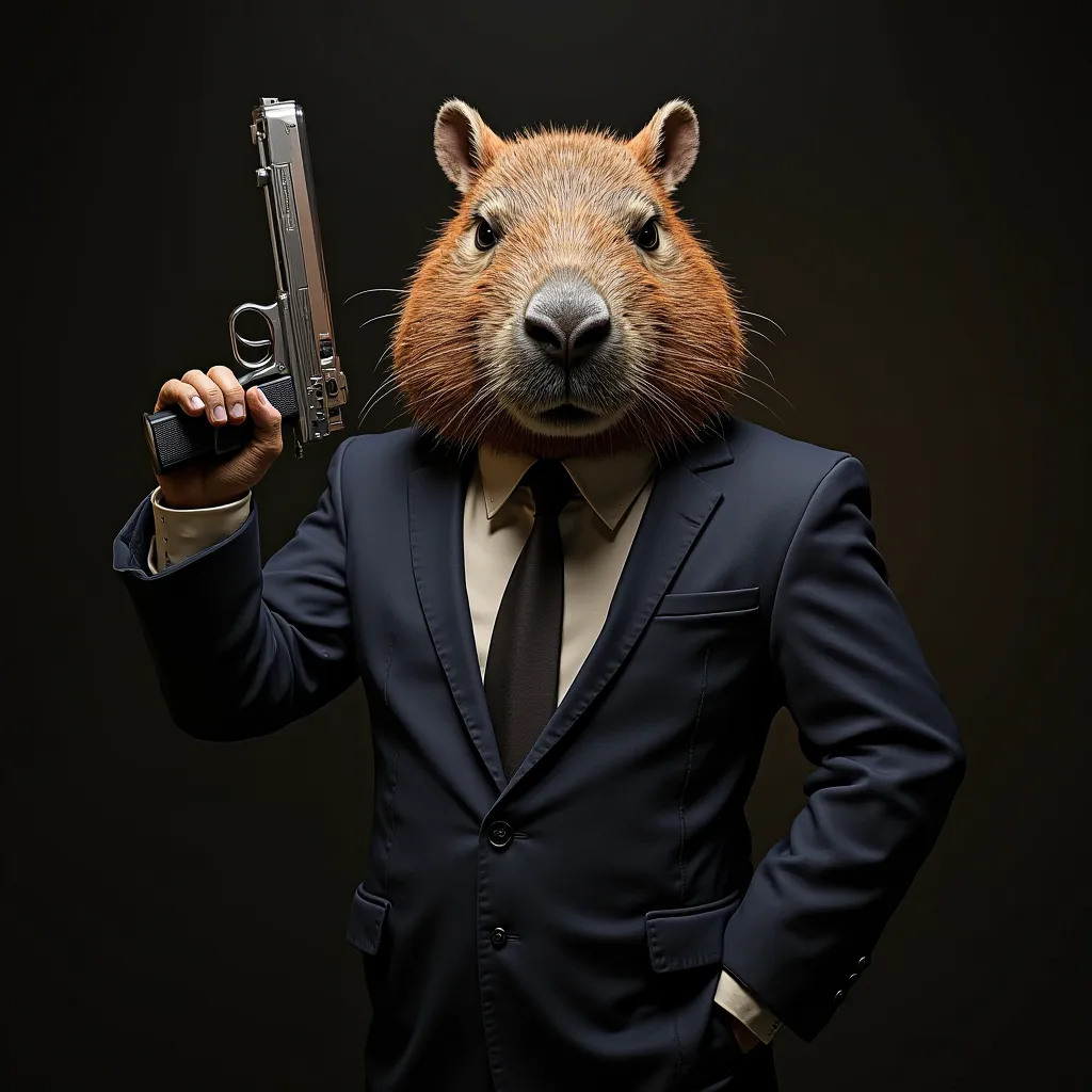 make a mafia capybara in a suit and with a gun
 closeup 