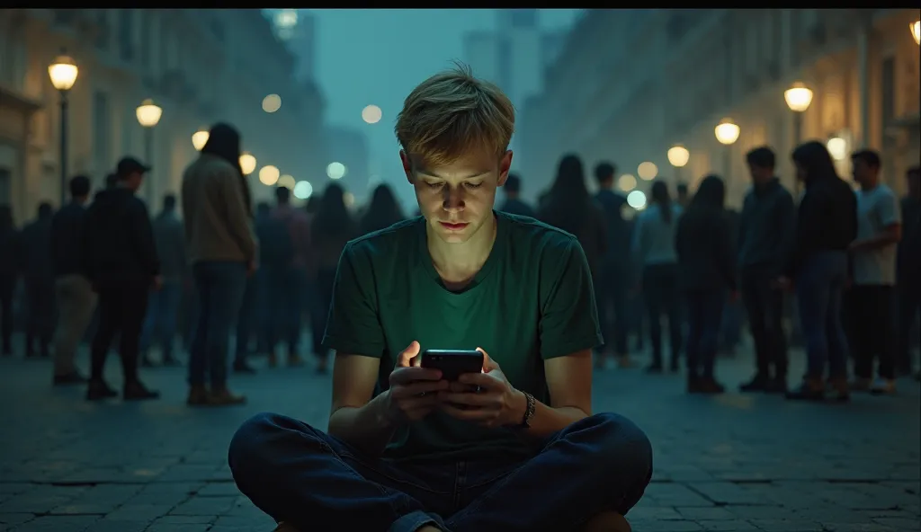 Young guy (20 years) with blond hair, in a dark green T-shirt and dark blue jeans.  His appearance , Figure, hair and clothes are the same and must remain the same from all angles. He sits in the twilight, his phone just went out, and at that moment he rai...