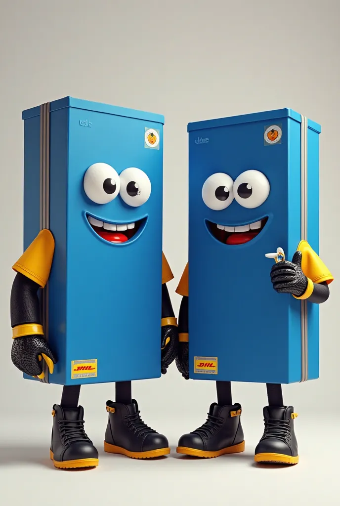 Create two non-human mascots in the shape of blue shoe boxes, the color of Adidas (but no Adidas symbols should appear), with eyes and mouths, expressing happiness. The mascots should feature realistic details of a shoe box and wear the DHL uniform: a shir...