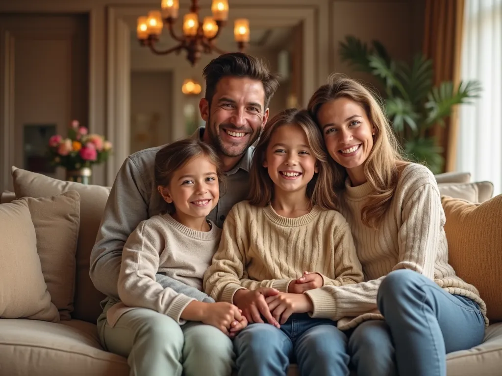 Brightly smiling family overview in luxury home
