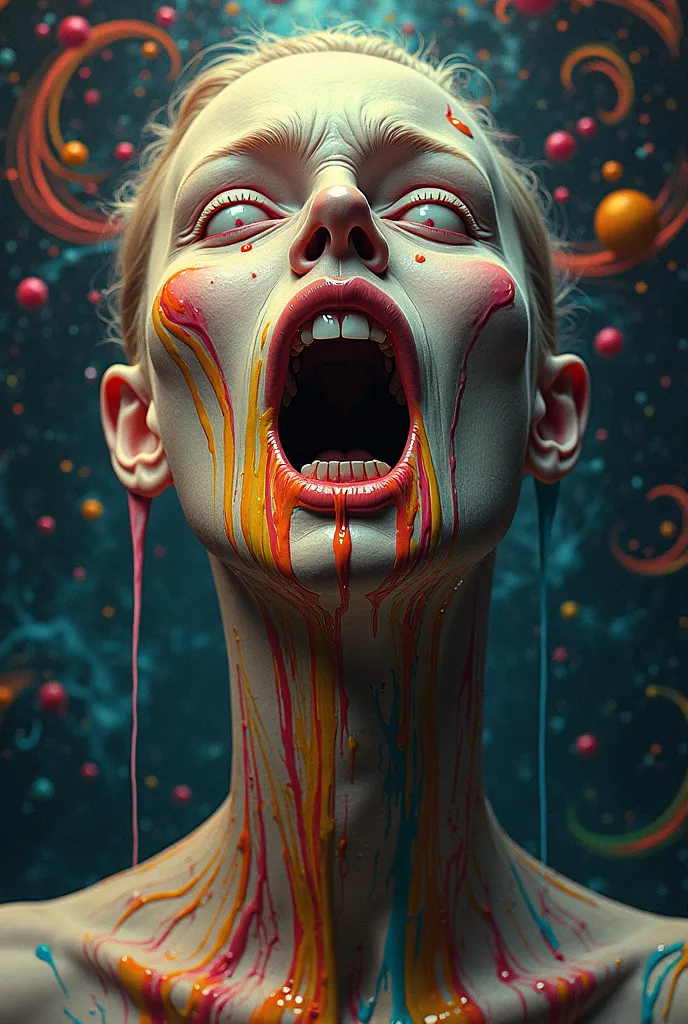 A surreal, psychedelic face with exaggerated melting features, dripping like liquid wax. The mouth is open with thick, colorful drool oozing out. Trippy, vibrant colors like neon blues, purples, and greens. Background is dark with swirling, hypnotic patter...