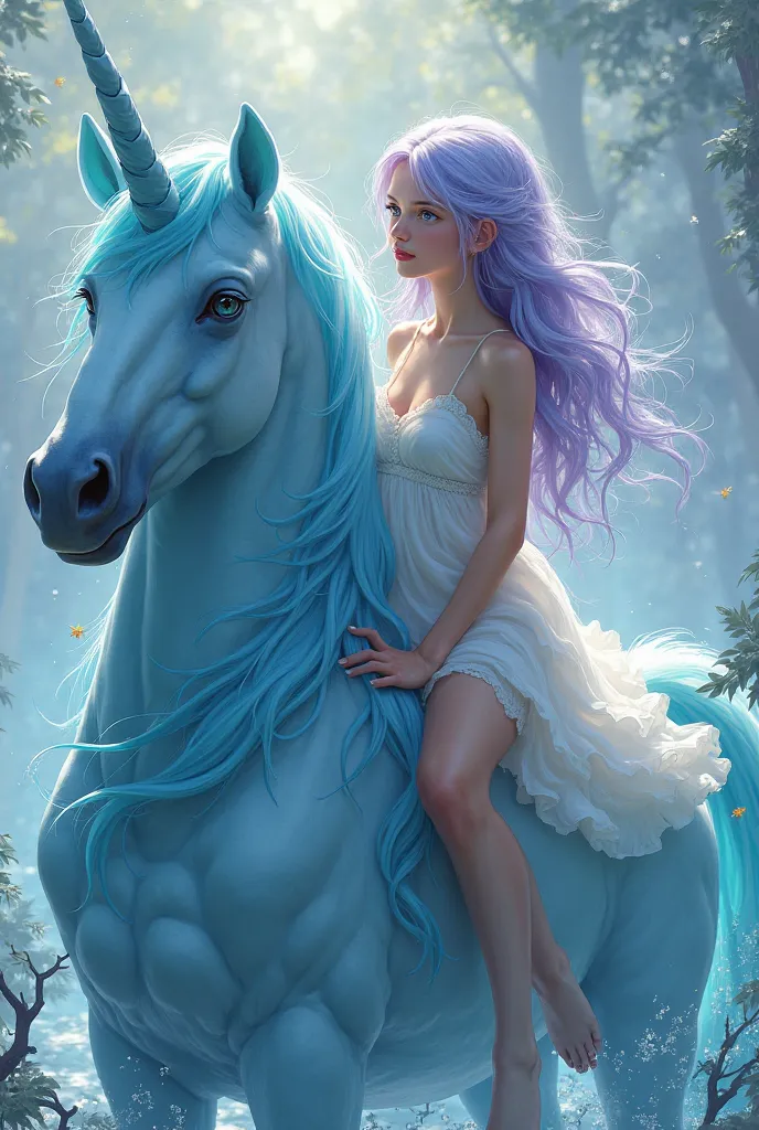 Beautiful girl with wavy long lavender hair , with sky blue eyes wearing short white dress , riding water elemental unicorn ocean  blue coat and cyan and blue long mane 