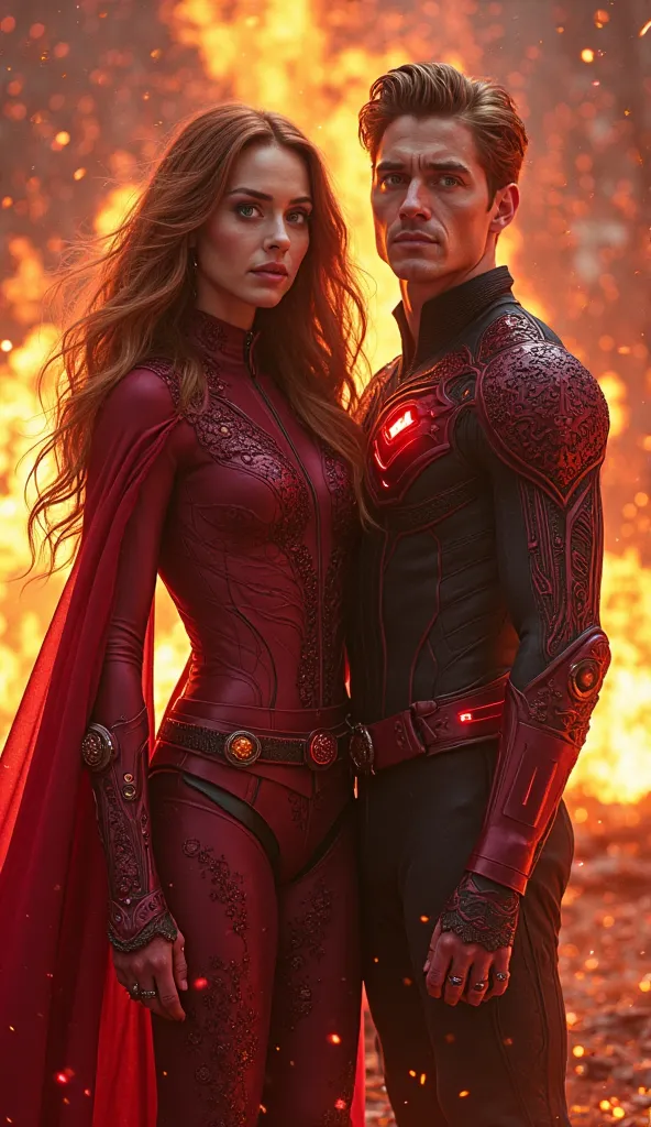 (Ultra-realistic, photorealistic, 8K, full body, 9:16, cinematic lighting, hyper-detailed skin, ultra-textured fabric, dramatic energy effects, intense facial expressions)
"A hyper-realistic portrayal of Wanda Maximoff (Scarlet Witch) and Johnny Storm (Hum...