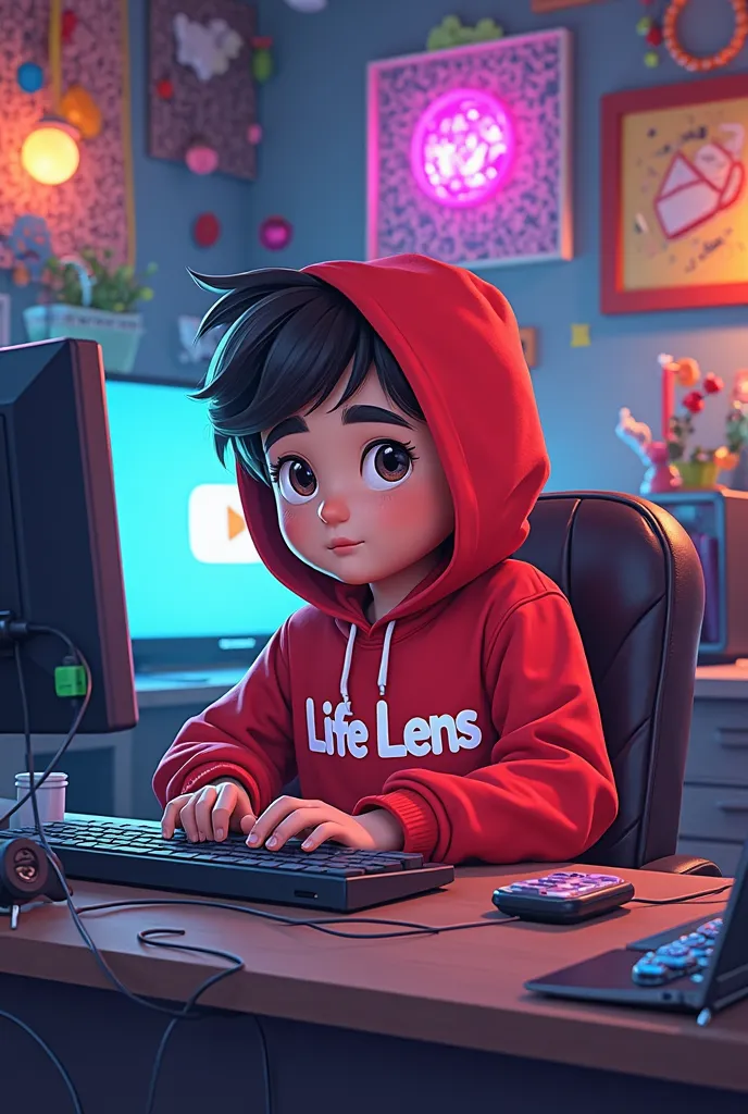 A boy is sitting in his YouTube studio and is wearing a red colored hoodie. Life Lens is written on the hoodie. Cartoon face