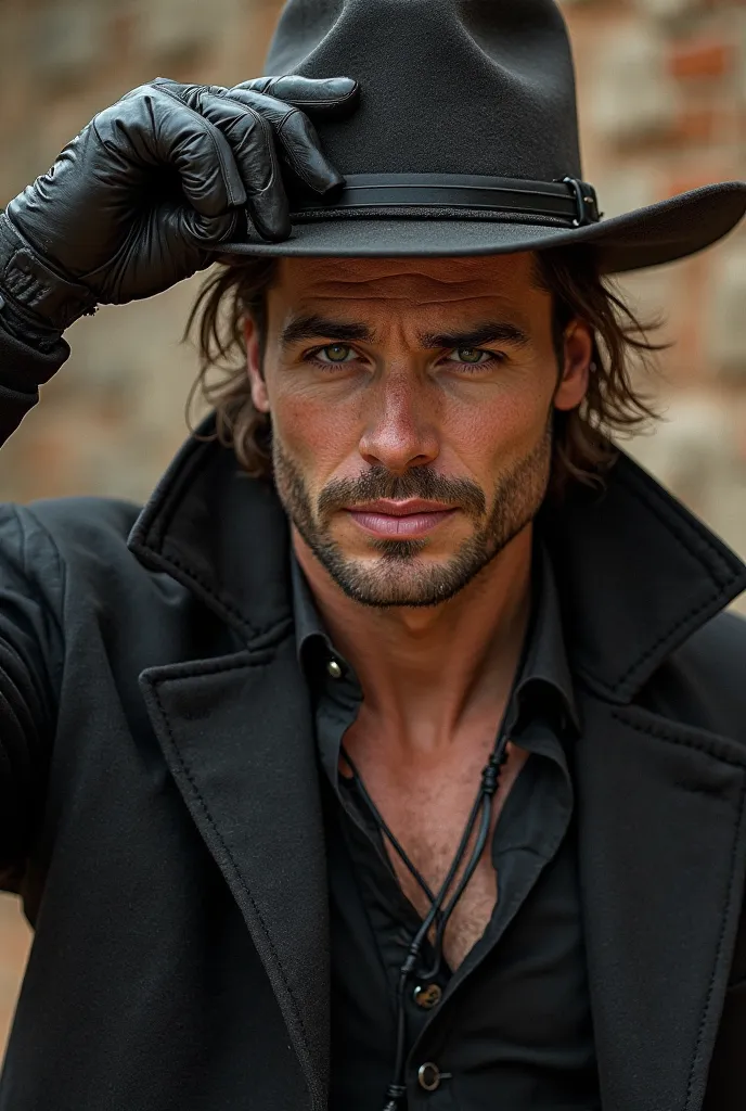 A cheeky cowboy with long brown hair tied in a messy pun, a black coat and shirt, a gloved hand holding his hat up while smiling smugly at a camera pointed at him