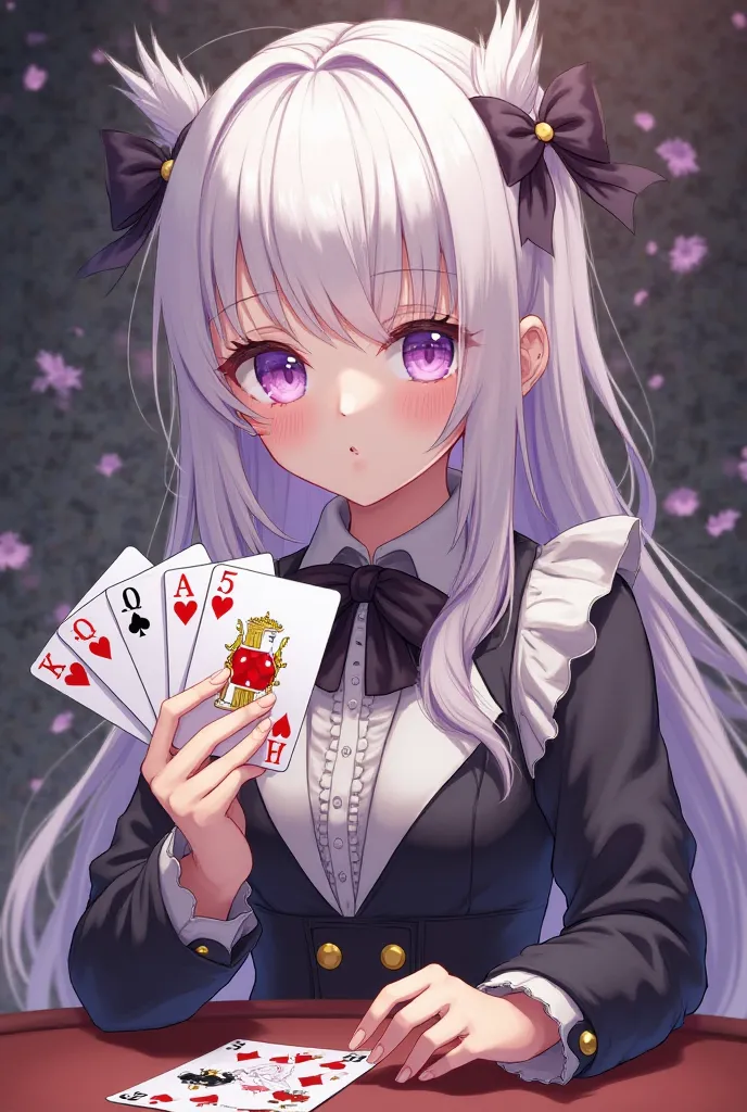 Une succube d’une vingtaine d’année dans un style anime qui joue au cartes, elle a de longs cheveux blancs, les yeux violets. Ses cornes sont lisses et droites et noirs. Elle tient 7 cartes face caché dans ses main comme un éventail. Elle a une poitrine mo...