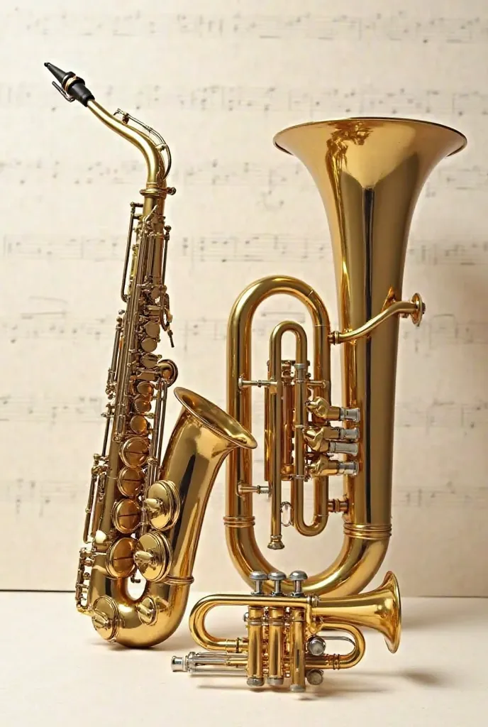 

*"An image showing three metallic wind instruments arranged on a light background. Left, a golden saxophone, with a curved body and several detailed keys, plus a mouthpiece with a pick.  in the center, a large and shiny tuba, with a rolled tube and a wid...