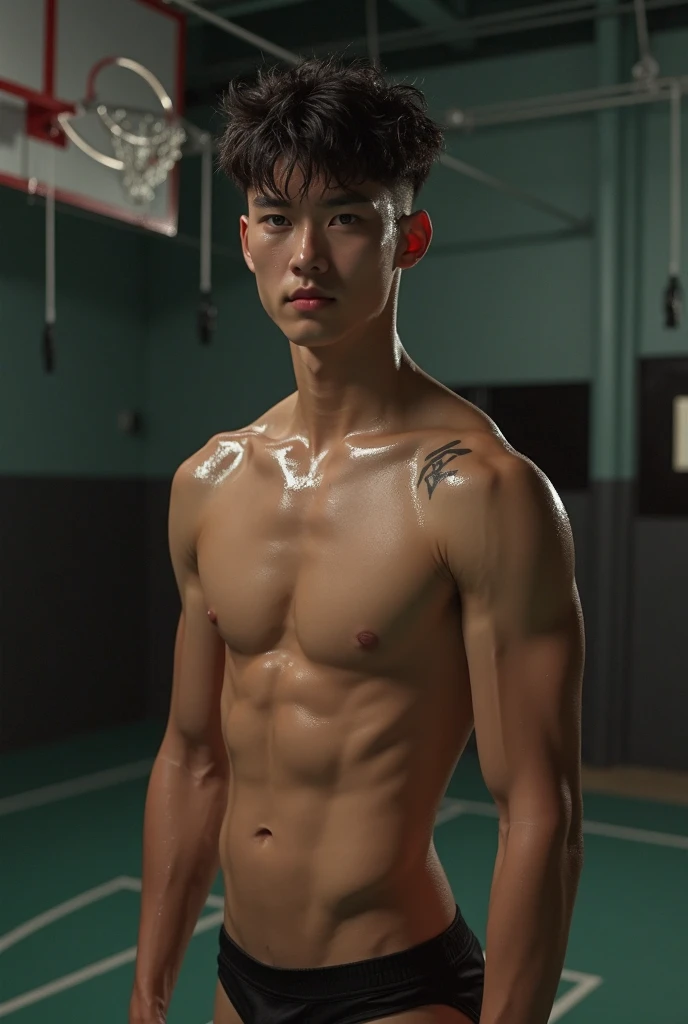 Korean sweaty Young boy, cute face, wet sixpack, black thongs, smile, white skin, inside gym, tattoo on shoulder, night