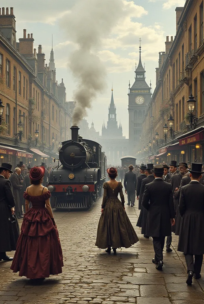 A bustling street scene in 19th-century England, filled with Victorian-era buildings, horse-drawn carriages, and people in period clothing. Elegant ladies in long dresses with bonnets walk along the cobblestone streets, while gentlemen in top hats and froc...