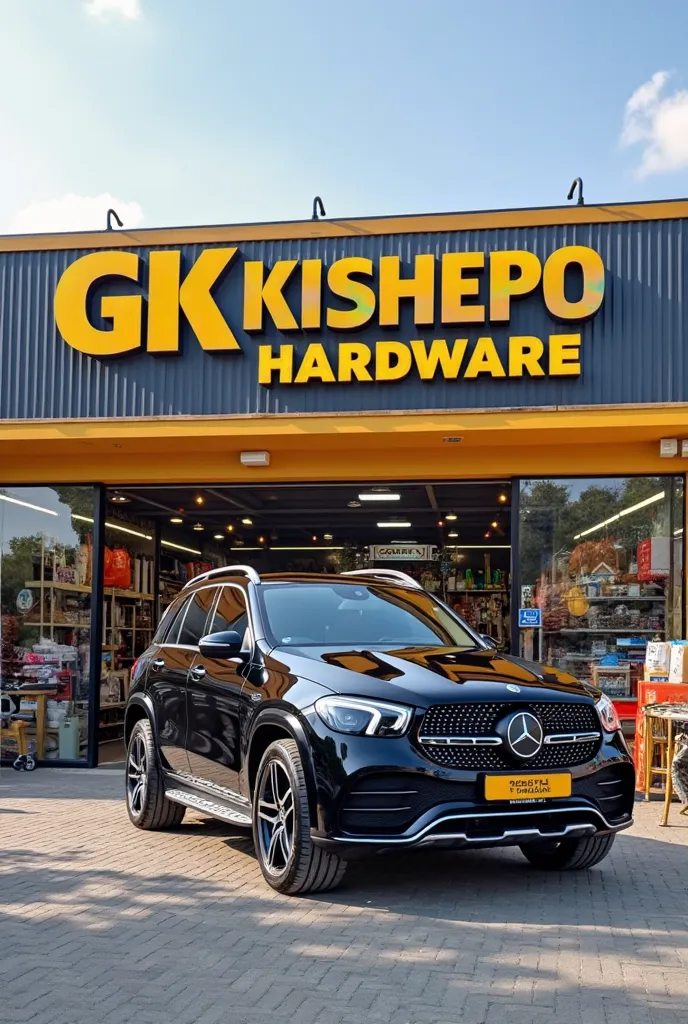 "Design a modern and well-organized hardware store named 'GK KISHEPO HARDWARE.' The store should feature a sleek and contemporary design, with the name 'GK KISHEPO HARDWARE' written in large, colorful, and eye-catching 3D letters. A stylish logo should com...