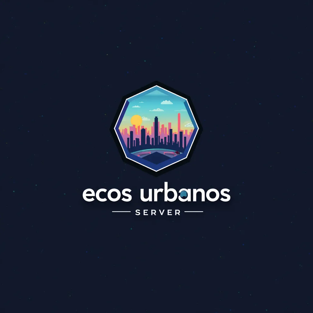 vector logo, cool and clean, modern, hexagonal shape with city in the background,  name is "Ecos Urbanos" in the lower front integrated with the main image, gta rp server