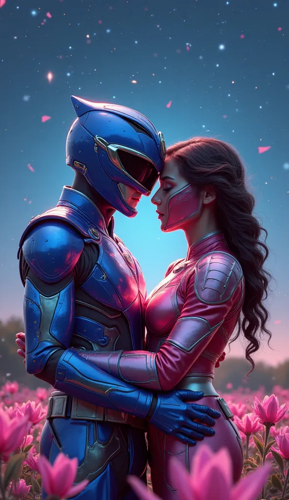 a red power ranger and a pink power ranger are in a romantic embrace,The blue ranger wears bright blue futuristic armor with metallic details,close-up,high definition,4K,photorealistic black coupes,studio lighting,vibrant colors, starry sky at night,flower...