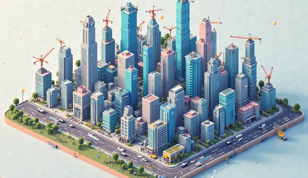 A stylized, isometric cityscape. Numerous skyscrapers and buildings of various heights and architectural styles are densely clustered together, creating a modern urban landscape. The buildings are rendered in a blocky, pixelated style, giving a digital or ...