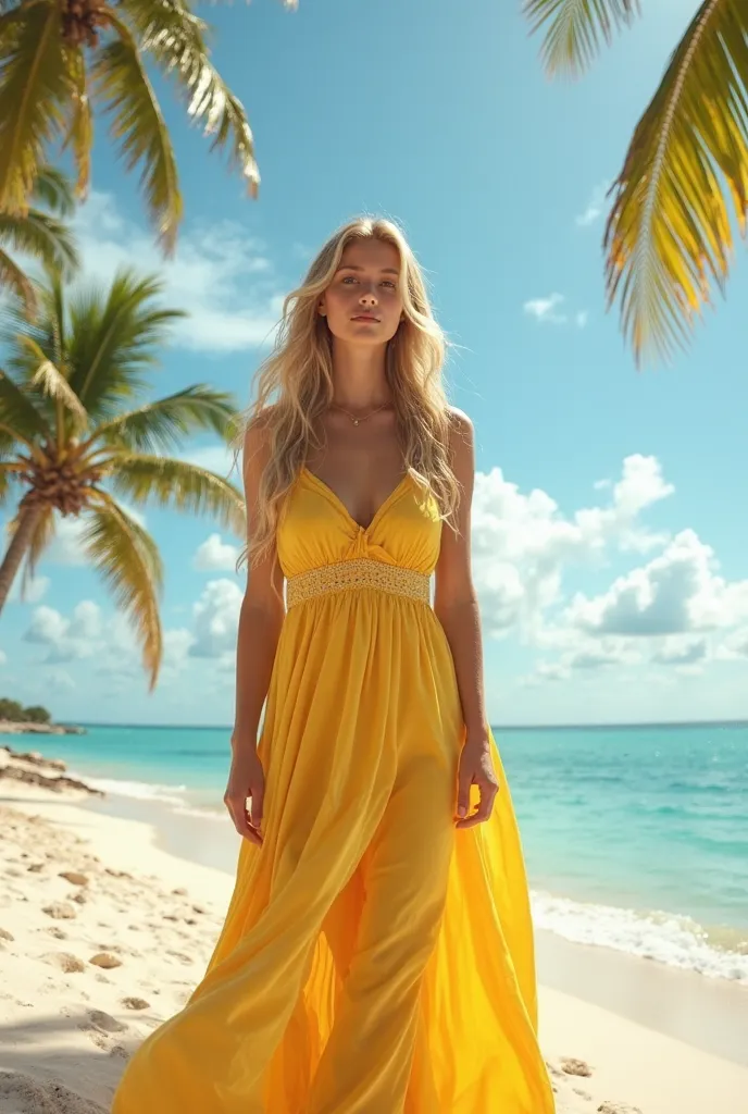 take a realistic photo of a blonde in a yellow dress in beach